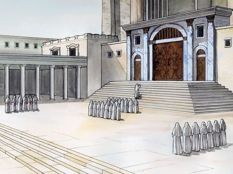 Zechariah prepares to offer incense at the temple.